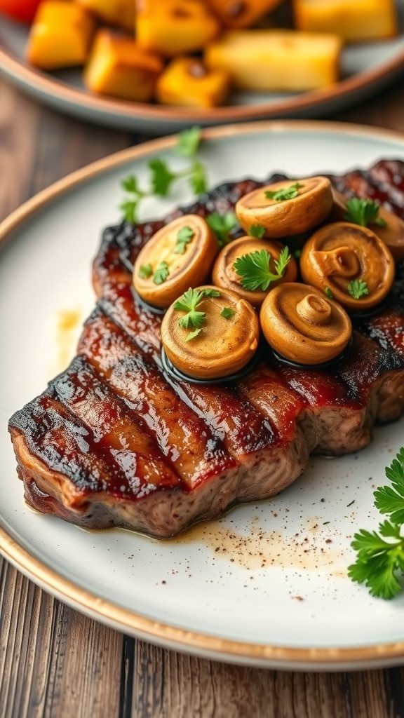 Air fryer steak with garlic mushrooms, garnished with parsley on a rustic table.
